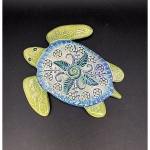 Ferns Flowers Ceramic Turtle Wall Hanging Blue & Lime Green 6.5” Long